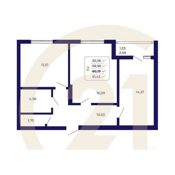 2-комн, 60.19 м², 2 этаж