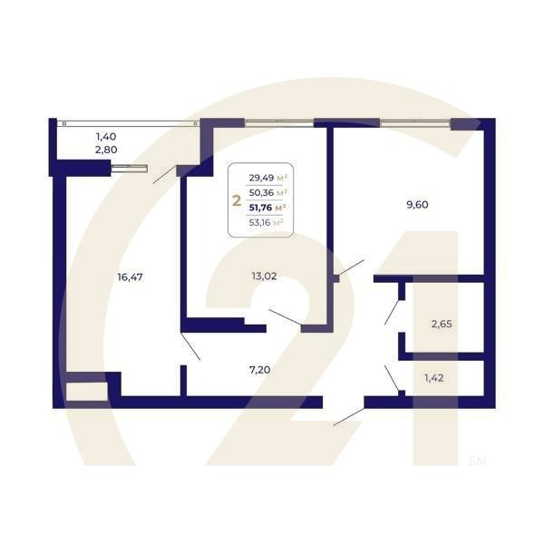 2-комн, 51.76 м², 2 этаж