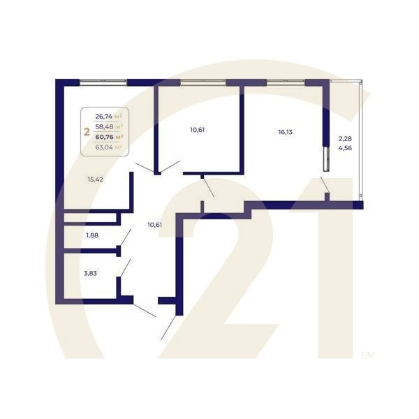 2-комн, 60.76 м², 2 этаж