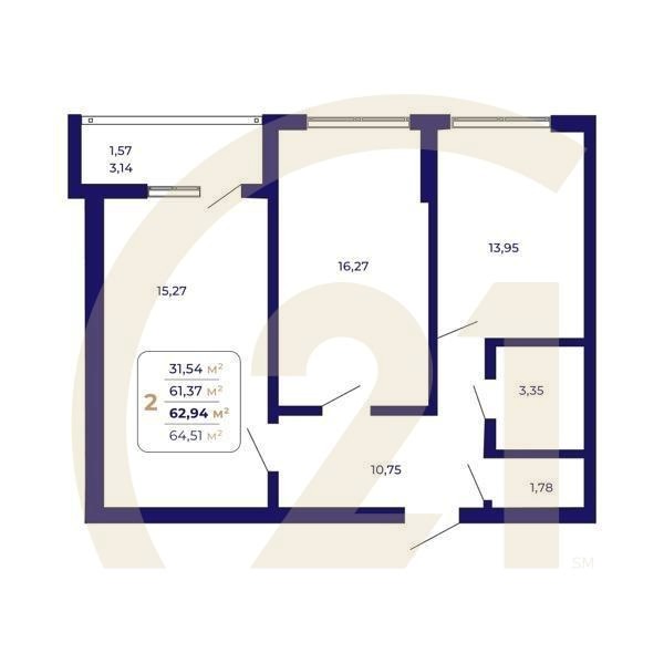 2-комн, 62.94 м², 2 этаж