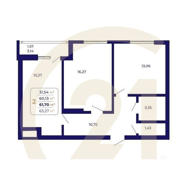 2-комн, 61.7 м², 3-14 этаж