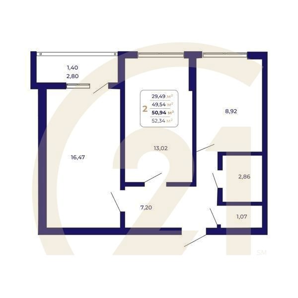 2-комн, 50.94 м², 4-14 этаж