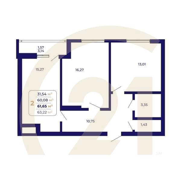 2-комн, 61.65 м², 15-19 этаж