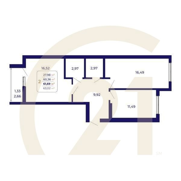 2-комн, 61.69 м², 2 этаж