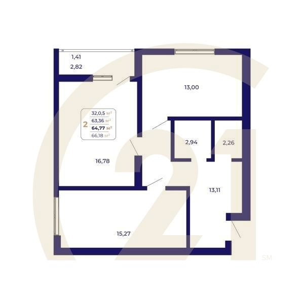 2-комн, 64.77 м², 2 этаж