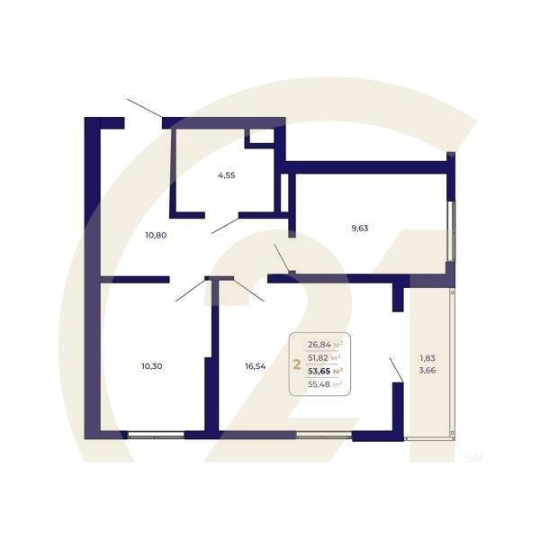 2-комн, 53.65 м², 2 этаж