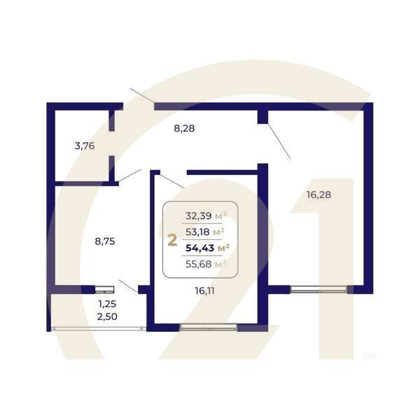 2-комн, 54.43 м², 1 этаж