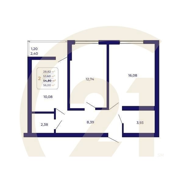 2-комн, 54.8 м², 2 этаж