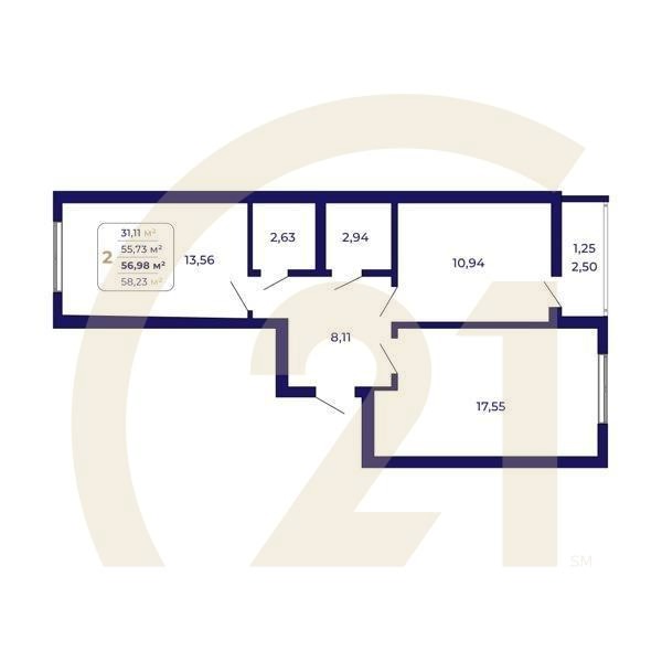 2-комн, 56.98 м², 17 этаж