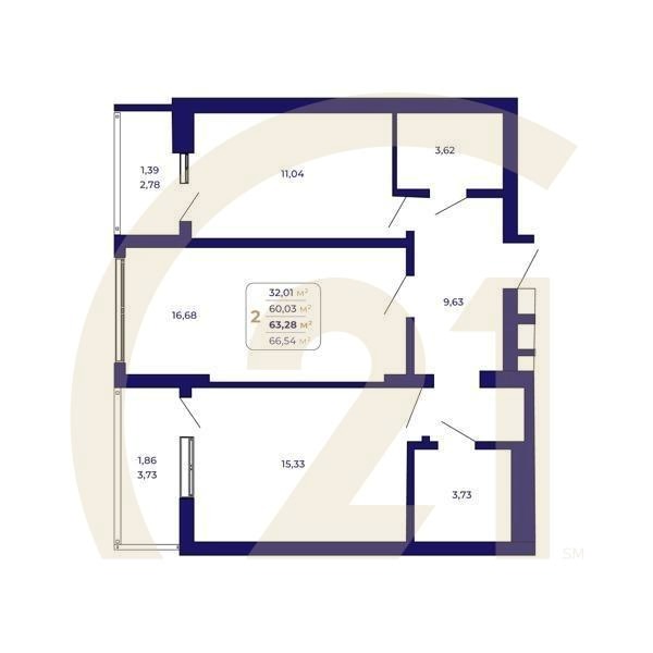 2-комн, 63.28 м², 2 этаж