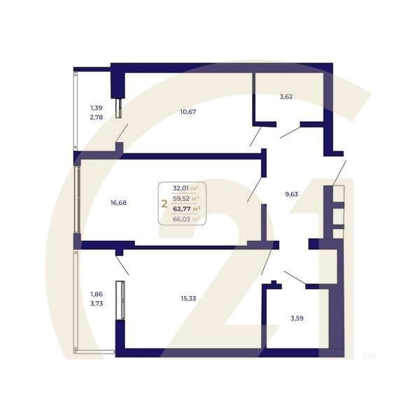 2-комн, 62.77 м², 3-14 этаж
