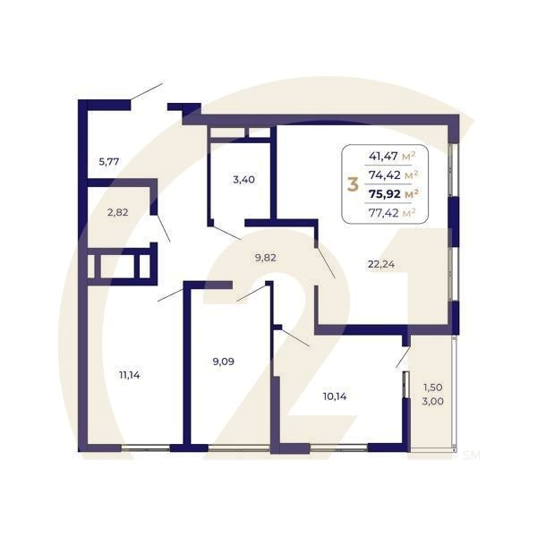 3-комн, 75.92 м², 3-14 этаж