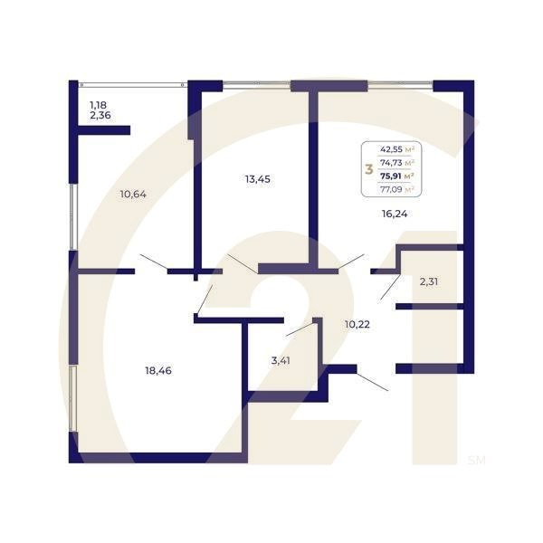 3-комн, 75.91 м², 15-21 этаж