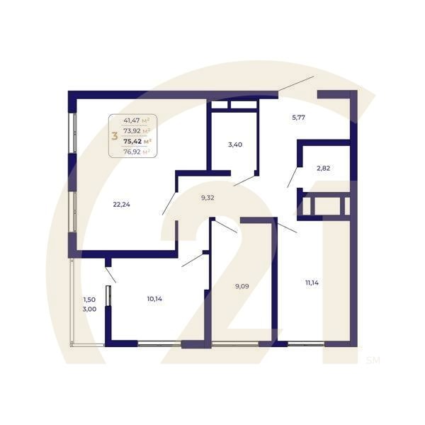 3-комн, 75.42 м², 2 этаж