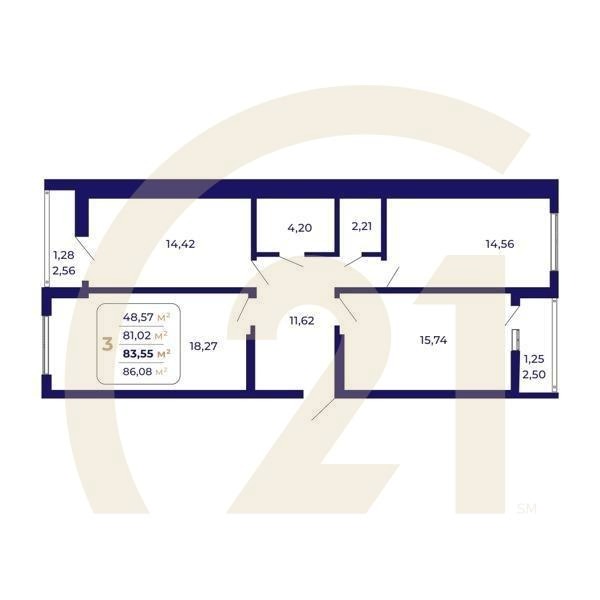 3-комн, 83.55 м², 2 этаж