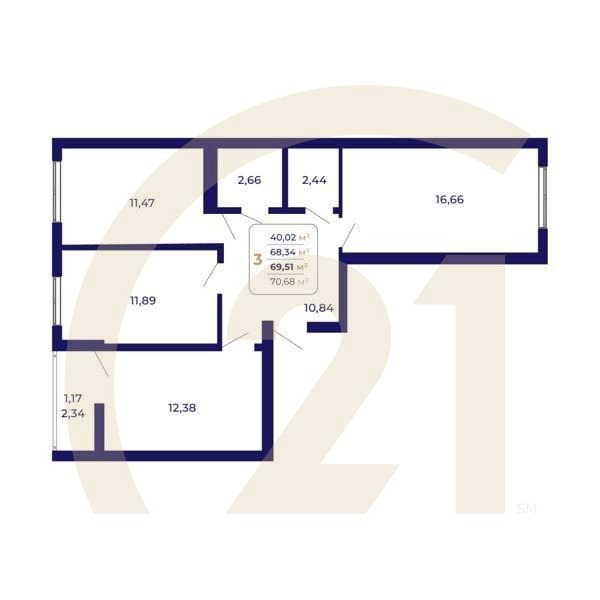 3-комн, 69.51 м², 3-13 этаж