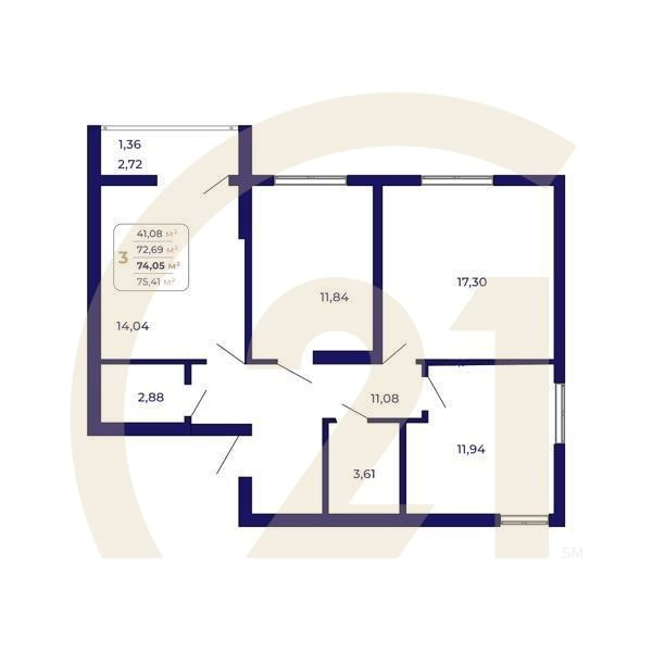 3-комн, 74.05 м², 2 этаж