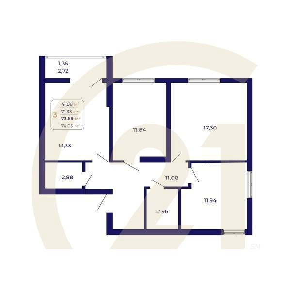 3-комн, 72.69 м², 15-17 этаж