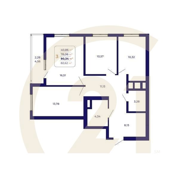3-комн, 80.34 м², 3-14 этаж