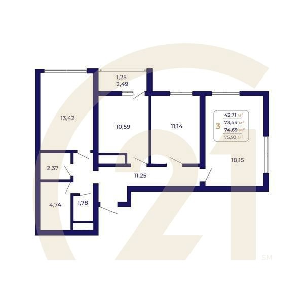 3-комн, 74.69 м², 2-25 этаж