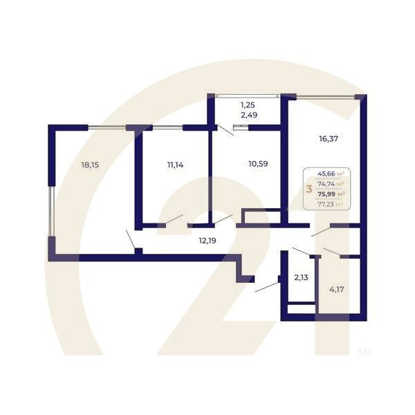 3-комн, 75.99 м², 2-25 этаж