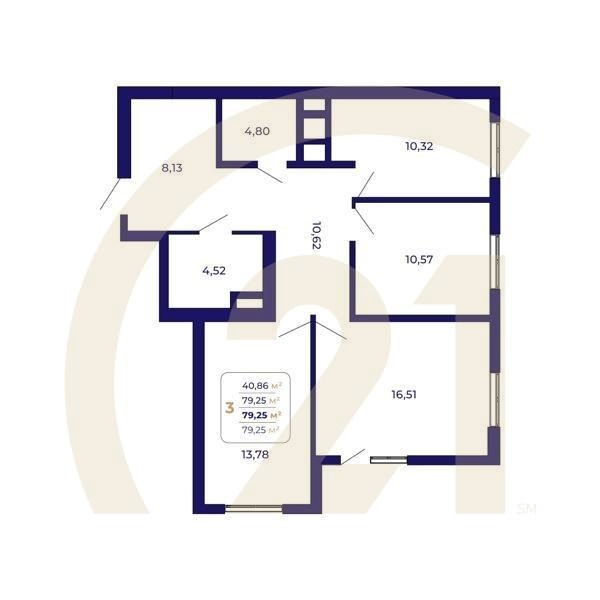 3-комн, 79.25 м², 1 этаж