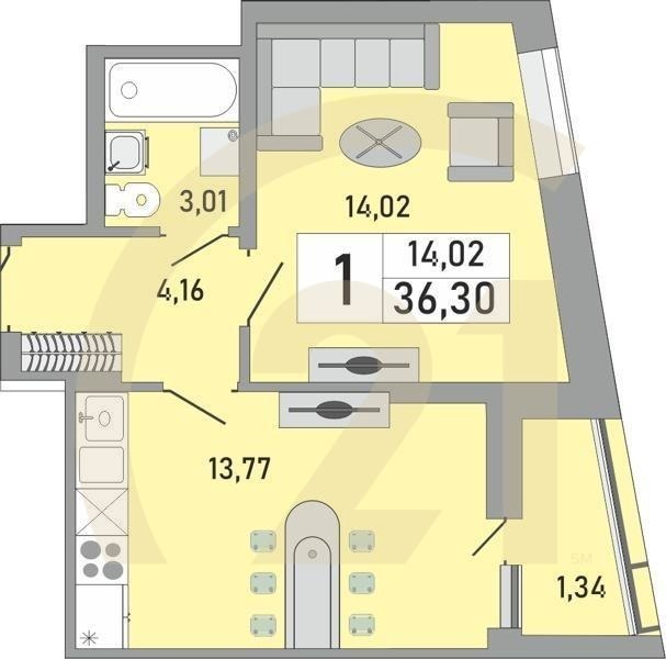 1-комн, 36.3 м², 20 этаж