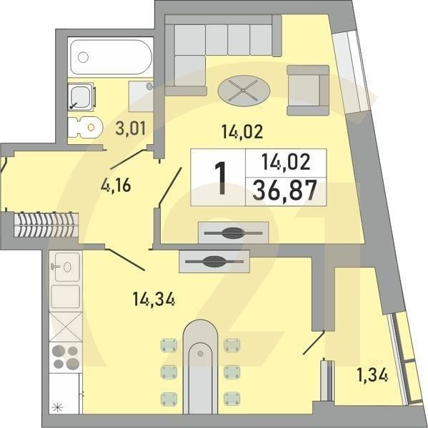 1-комн, 36.87 м², 22 этаж