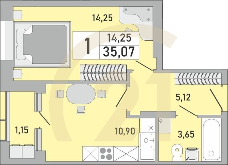 1-комн, 35.07 м², 4-10 этаж