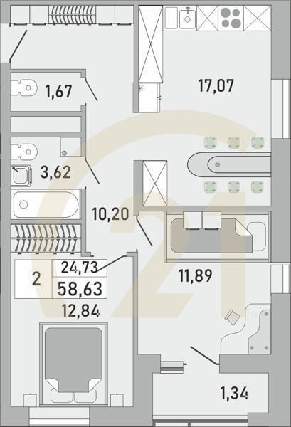 2-комн, 58.63 м², 24 этаж