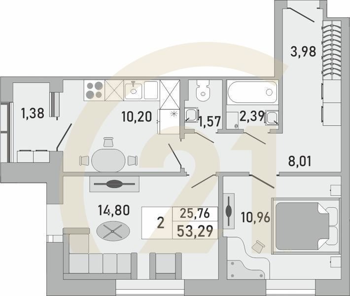 2-комн, 53.29 м², 17-23 этаж
