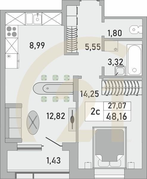 2-комн, 48.16 м², 3-15 этаж