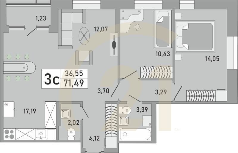 3-комн, 71.49 м², 13 этаж