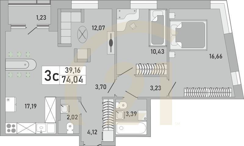 3-комн, 74.04 м², 3 этаж