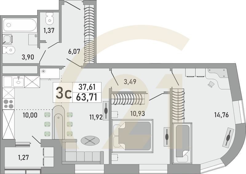 3-комн, 63.71 м², 13-21 этаж