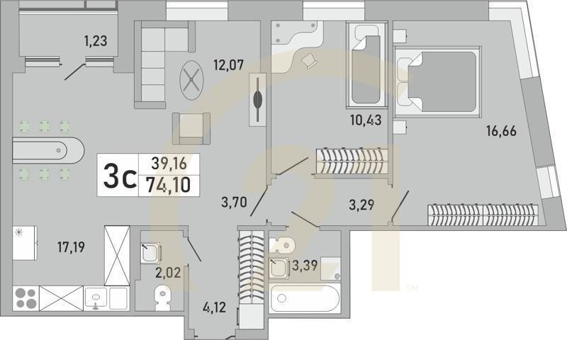 3-комн, 74.1 м², 4-9 этаж