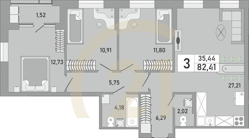 3-комн, 82.41 м², 18-22 этаж