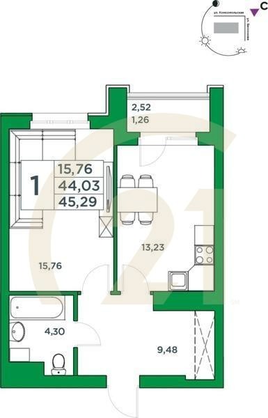 1-комн, 44.03 м², 24 этаж
