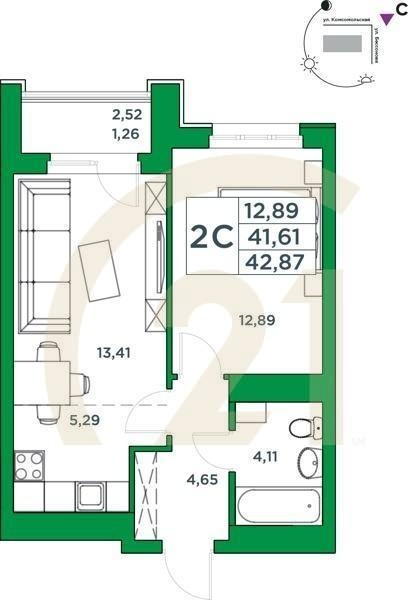 2-комн, 41.61 м², 19 этаж