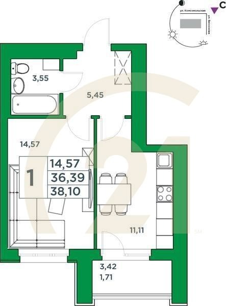 1-комн, 36.39 м², 23-24 этаж