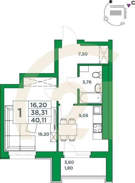 1-комн, 38.31 м², 19 этаж