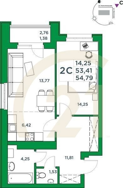 2-комн, 53.41 м², 21-23 этаж