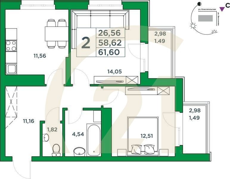 2-комн, 58.62 м², 4-23 этаж