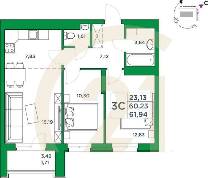 3-комн, 60.23 м², 18-24 этаж