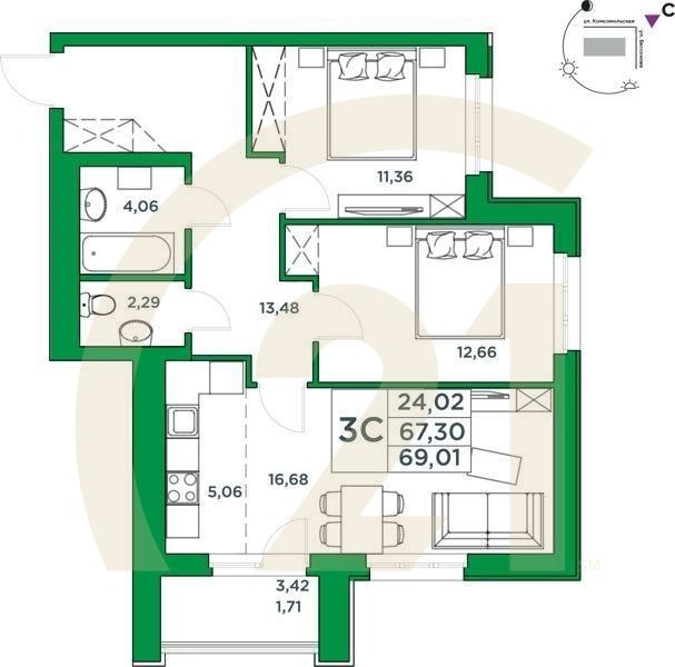 3-комн, 67.3 м², 23 этаж