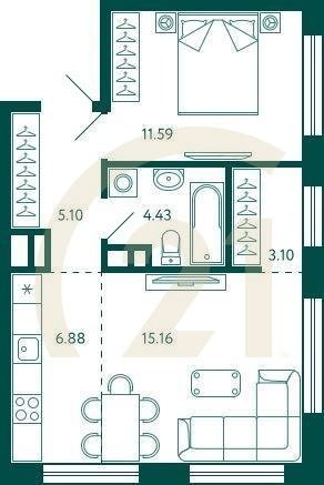 1-комн, 46.26 м², 5 этаж