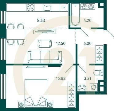 1-комн, 49.36 м², 2 этаж