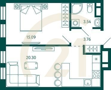 1-комн, 42.69 м², 13 этаж