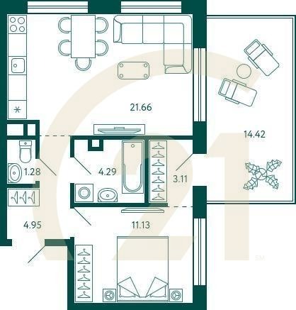 1-комн, 50.75 м², 2 этаж
