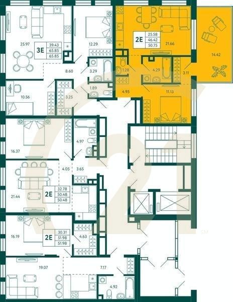1-комн, 50.75 м², 2 этаж